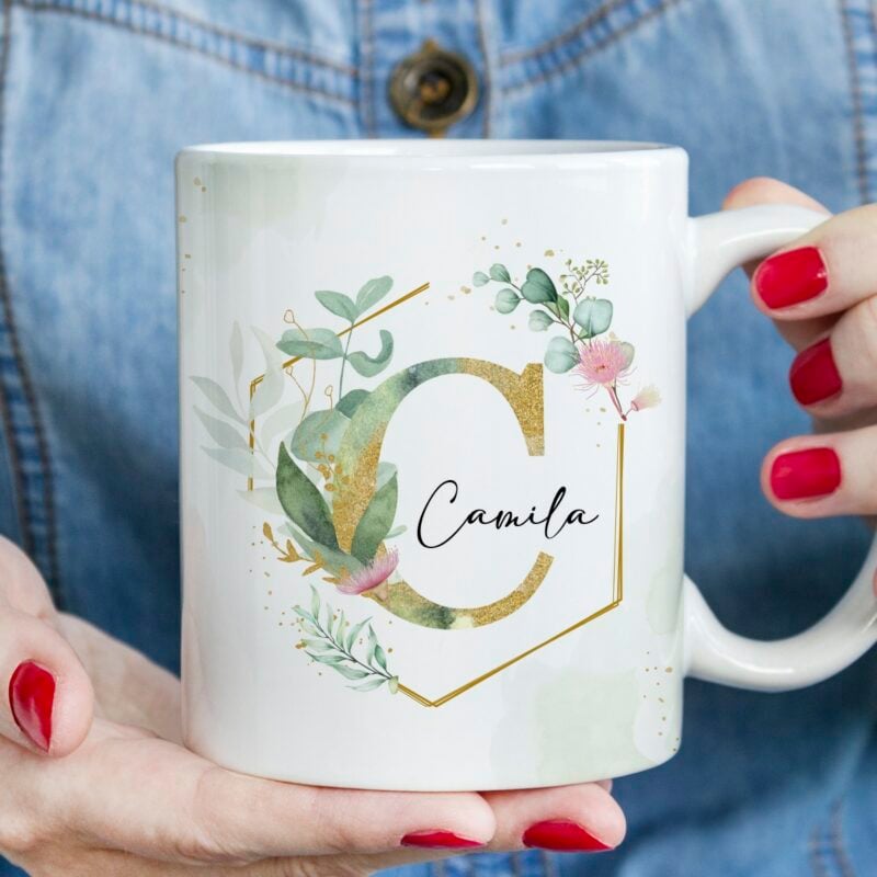 Taza Flores Minimalistas Con Inicial Y Nombre Personalizada