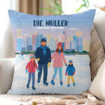 Miniaturansicht von Kissen Familie auf Schlittschuhen mit Namen und personalisiertem Text