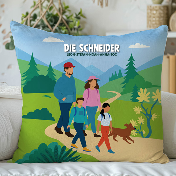 Kissen Familie in den Bergen mit Namen und personalisiertem Text