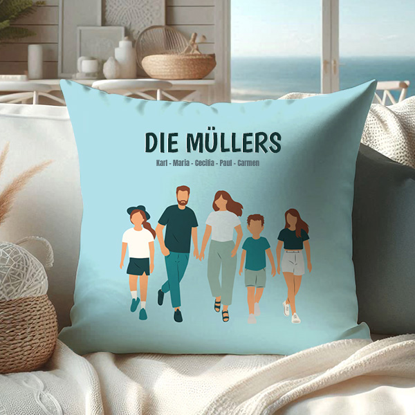 Kissen Familie von Vorne mit Namen und personalisiertem Text