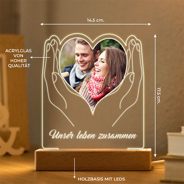 Personalisierte Herz-Hände-Lampe mit Foto und Text