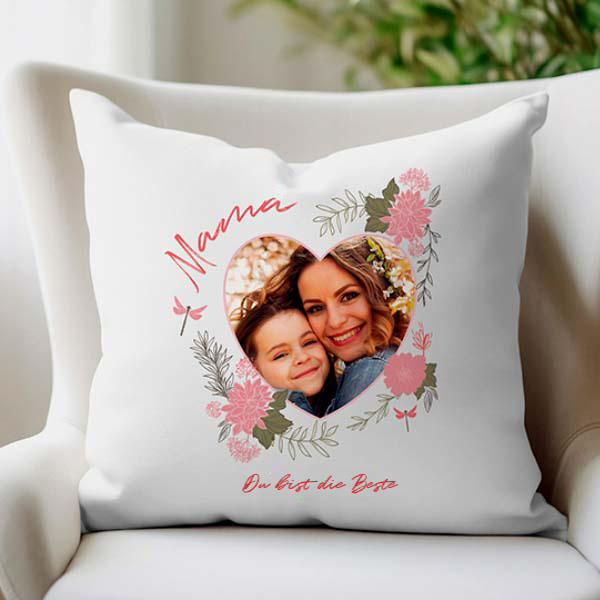 Herzkissen mit Blumenmotiv mit Foto und personalisiertem Text