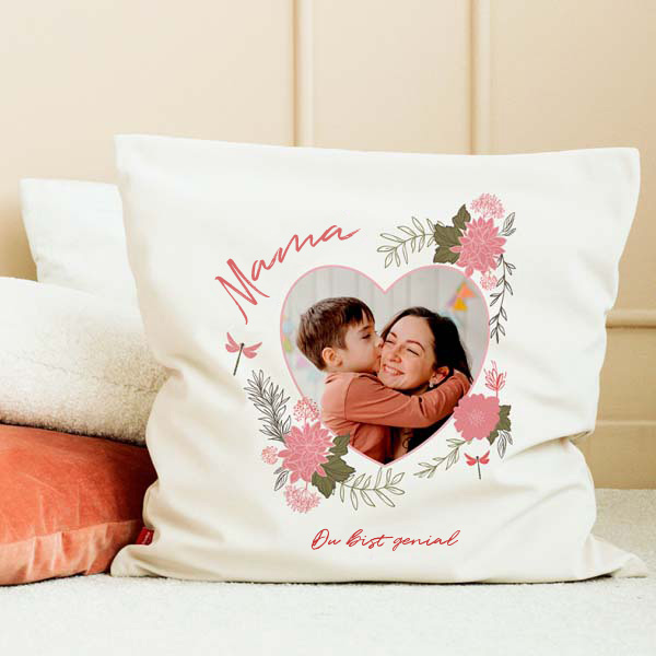 Herzkissen mit Blumenmotiv mit Foto und personalisiertem Text