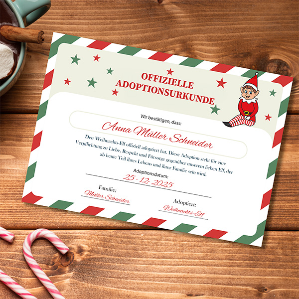 Dekorative Weihnachts-Elf-Puppe mit Adoptionszertifikat und personalisiertem Namen