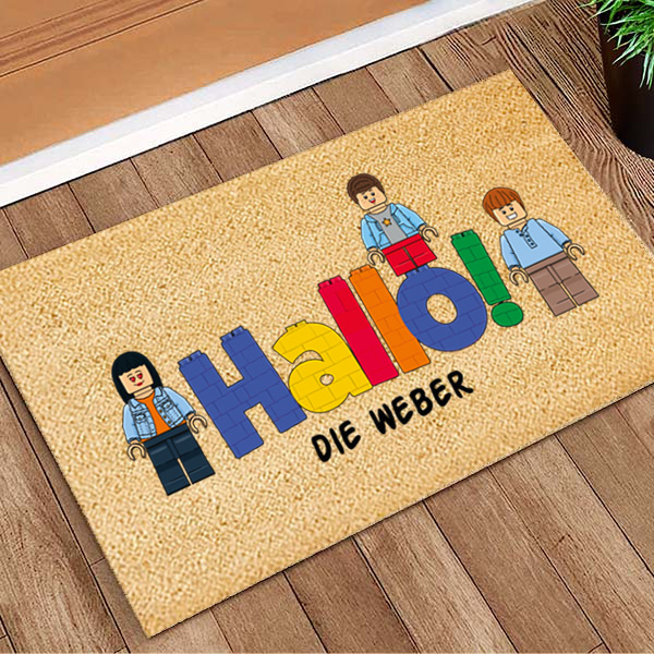 Fußmatte HALLO mit personalisierten Lego-Minifiguren und personalisiertem Text