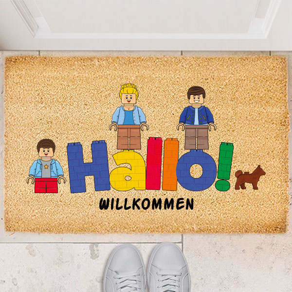 Fußmatte HALLO mit personalisierten Lego-Minifiguren und personalisiertem Text
