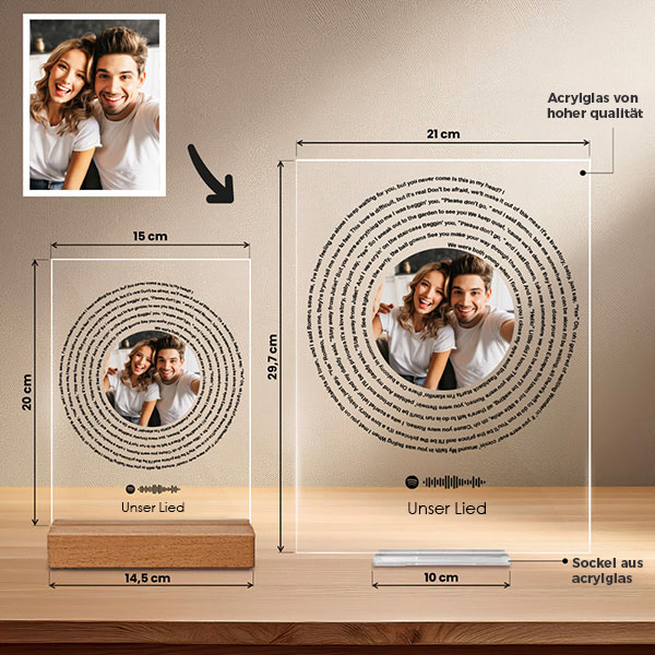 Tafel mit Spotify-Songtext in Spirale und deinem personalisierten Foto