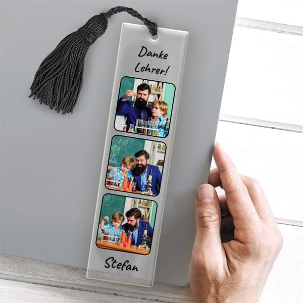 Lesezeichen mit drei Fotos und personalisiertem Text