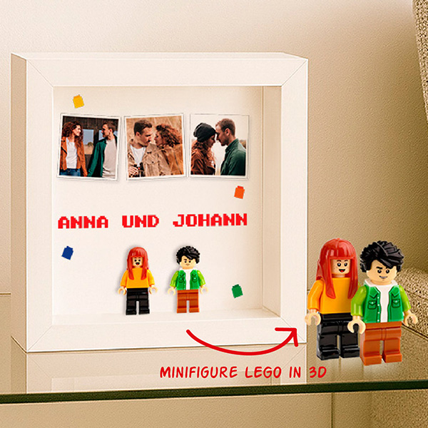 Bild mit Lego-Minifiguren, 3 Fotos und personalisiertem Text