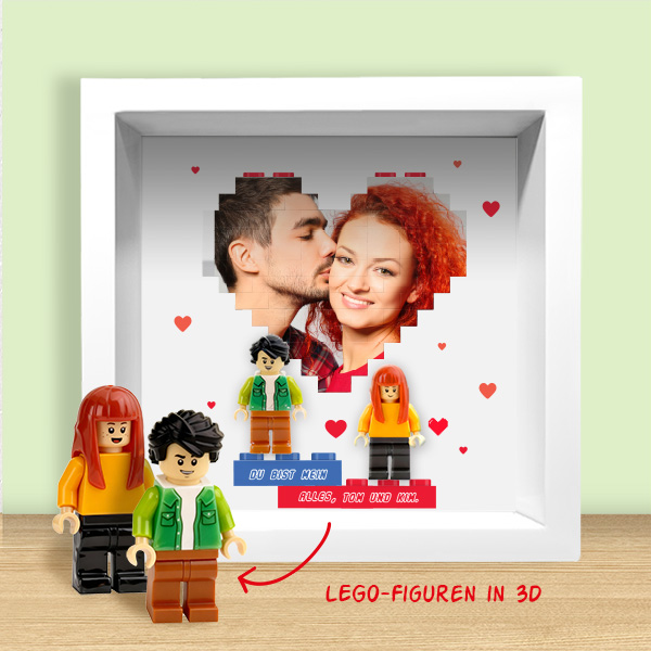 Bild mit Lego-Minifiguren, Herz mit Foto und personalisiertem Text