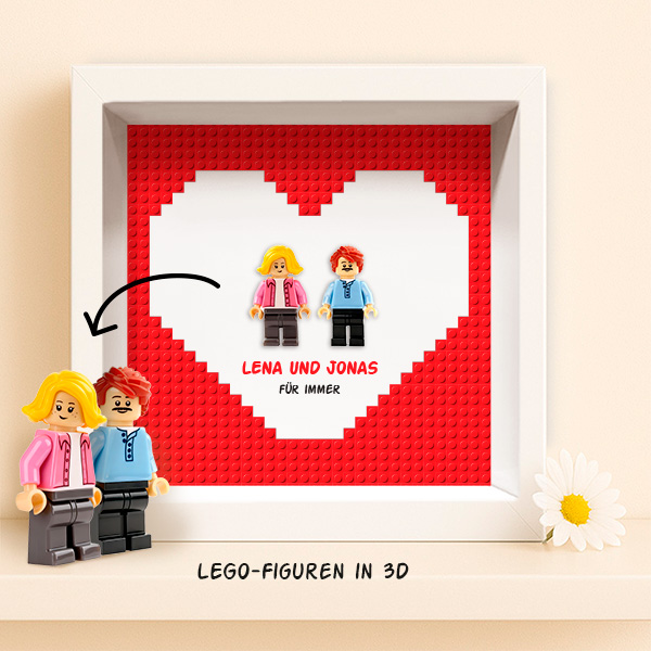 Bild mit Lego-Minifiguren in rotem Herz mit personalisierten Namen und Text