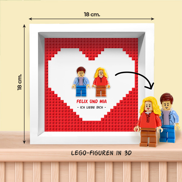Bild mit Lego-Minifiguren in rotem Herz mit personalisierten Namen und Text