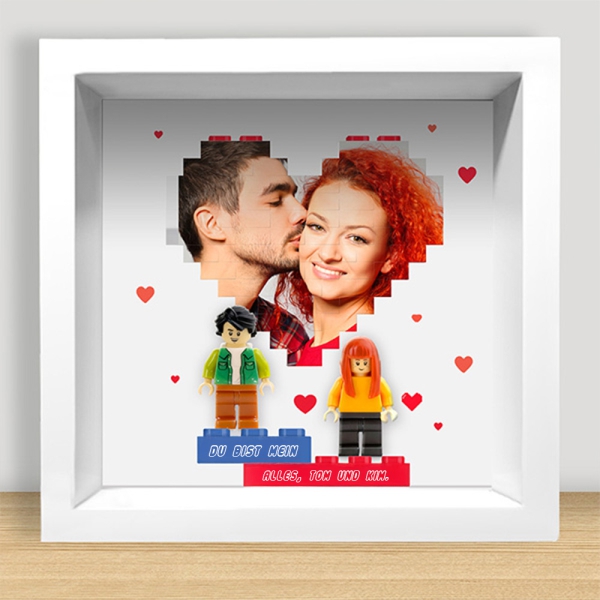Bild mit Lego-Minifiguren, Herz mit Foto und personalisiertem Text