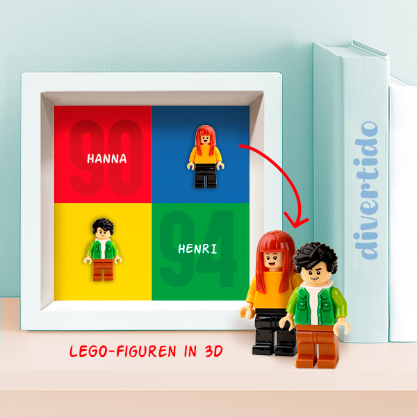Bild mit Lego-Minifiguren, personalisierten Jahren und Namen