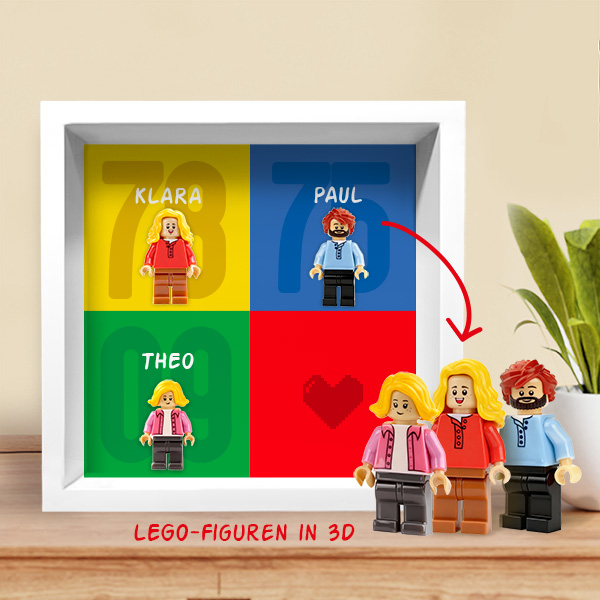 Bild mit Lego-Minifiguren, personalisierten Jahren und Namen