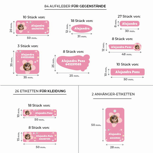 Set mit personalisierten selbstklebenden Kinderetiketten für Kleidung und Gegenstände mit Namen