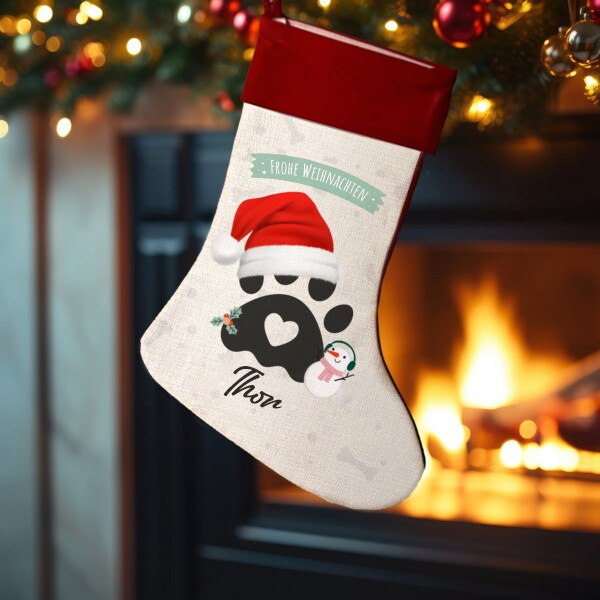 Personalisierter Weihnachtsstrumpf mit Pfotenabdruck und Namen
