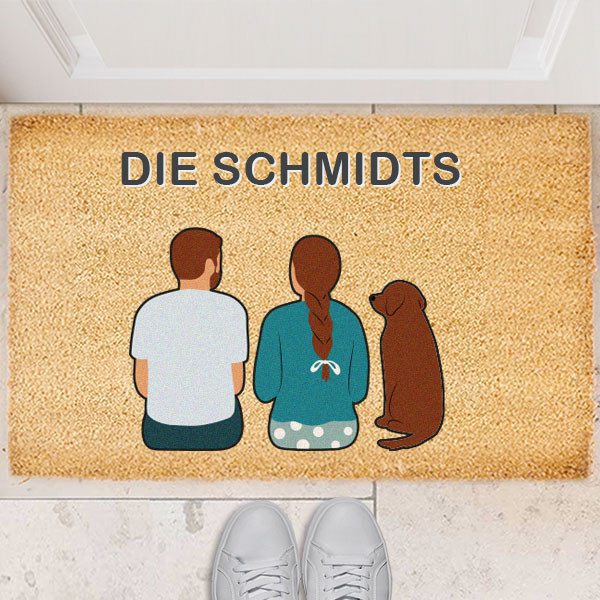 Fußmatte mit Familienillustration von hinten und personalisiertem Text