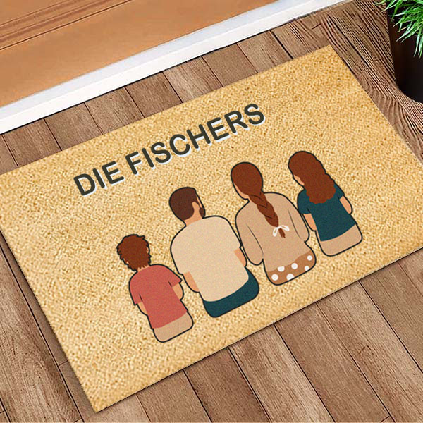 Fußmatte mit Familienillustration von hinten und personalisiertem Text