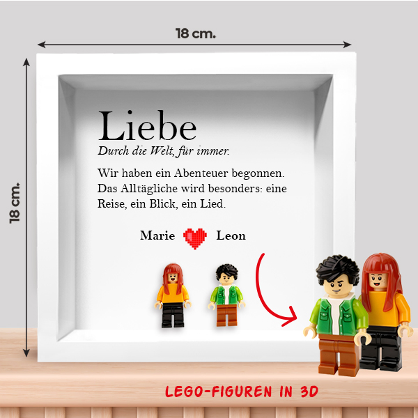 Bilderrahmen mit Lego-Minifiguren „Liebe“ mit personalisiertem Text und Namen