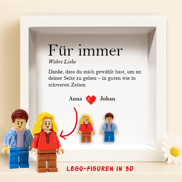 Bilderrahmen mit Lego-Minifiguren „Liebe“ mit personalisiertem Text und Namen