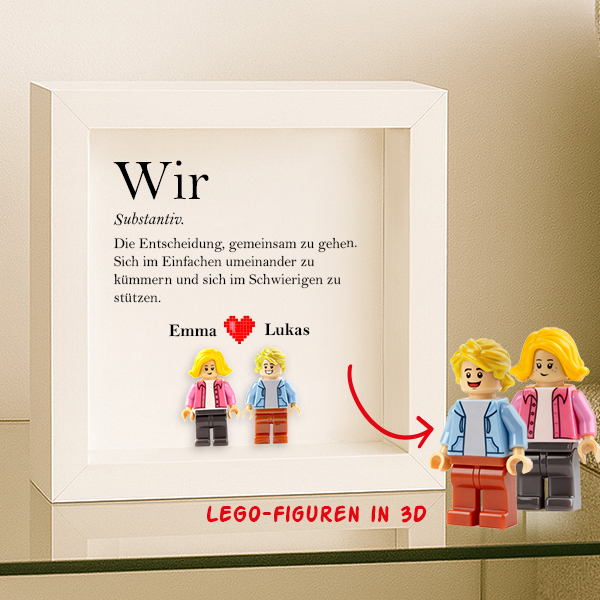 Bilderrahmen mit Lego-Minifiguren „Liebe“ mit personalisiertem Text und Namen