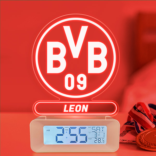 Wecker mit Licht und Wappen Borussia Dortmund (BVB) personalisiert
