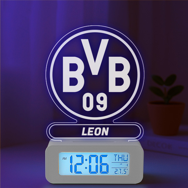 Wecker mit Licht und Wappen Borussia Dortmund (BVB) personalisiert