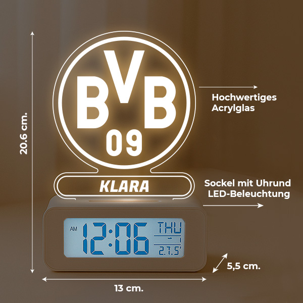 Wecker mit Licht und Wappen Borussia Dortmund (BVB) personalisiert