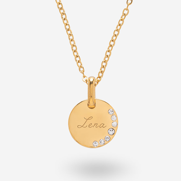 Runde Halskette mit seitlichen Glitzersteinen und personalisiertem Text
