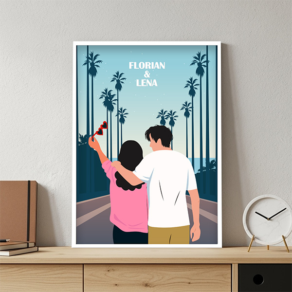 Poster mit Paarillustration und Palmen mit personalisierten Namen