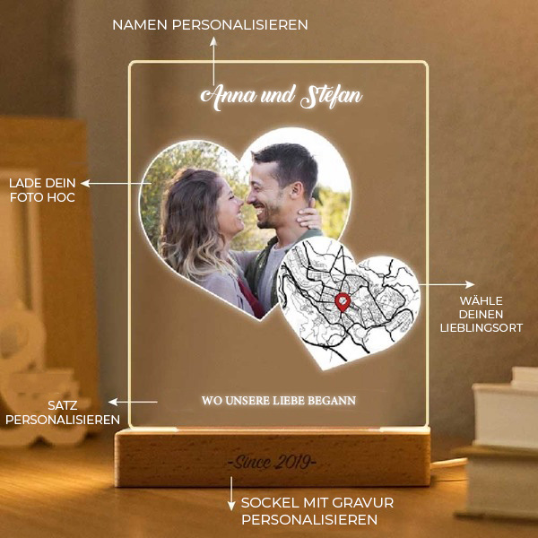 Personalisierte Herzen-Lampe mit Liebeskarte und Fotos