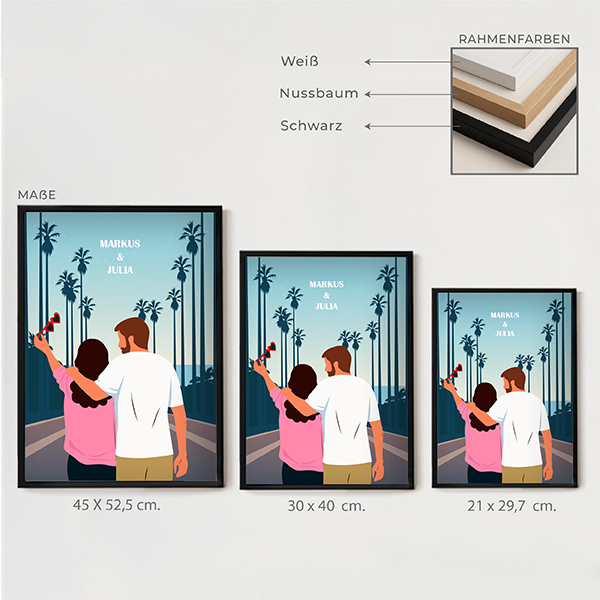 Poster mit Paarillustration und Palmen mit personalisierten Namen