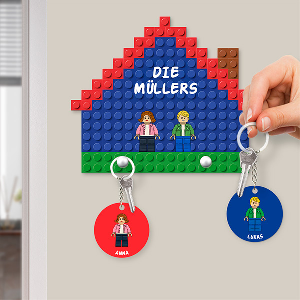 Schlüsselbrett Lego-Häuschen mit personalisiertem Text