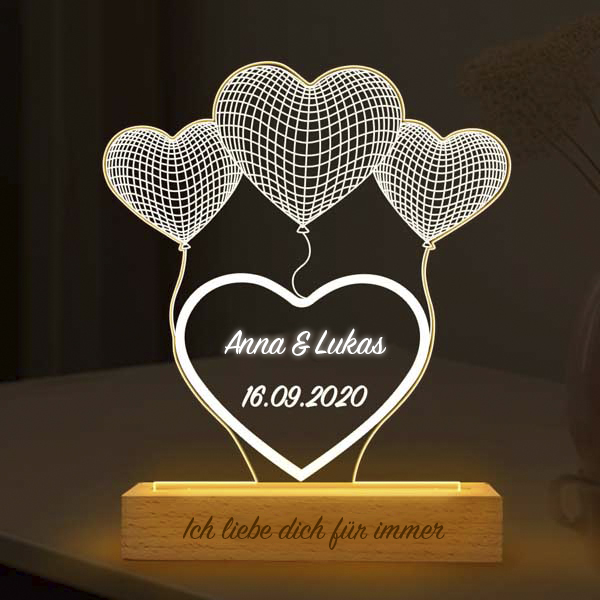 Herz-Lampe mit Ballons – personalisiert mit Name und Datum