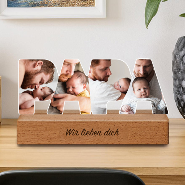 Papa-Plakette mit Fotos und personalisiertem Sockel