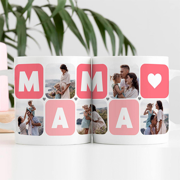 Personalisierte Mama-Tasse Würfel Herz mit fünf Fotos