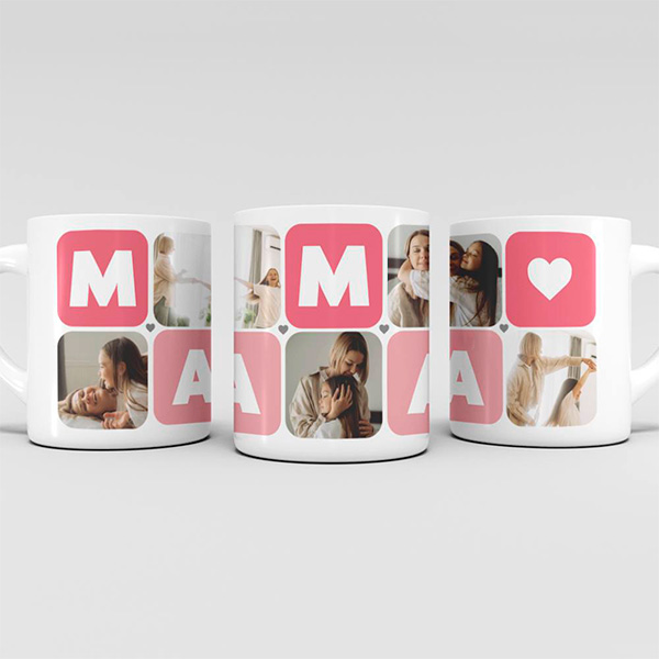 Personalisierte Mama-Tasse Würfel Herz mit fünf Fotos
