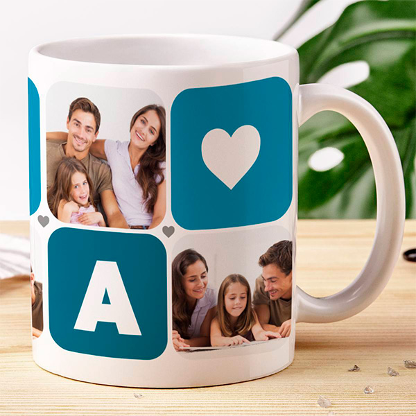 Personalisierte Mama-Tasse Würfel Herz mit fünf Fotos