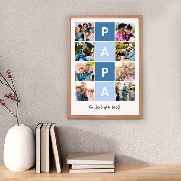 Papa-Poster in blauen Quadraten mit Text und personalisierten Fotos