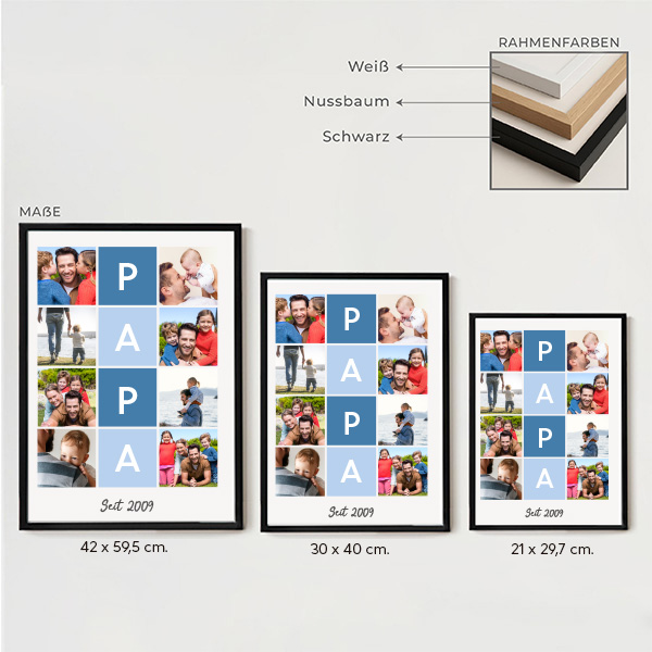 Papa-Poster in blauen Quadraten mit Text und personalisierten Fotos