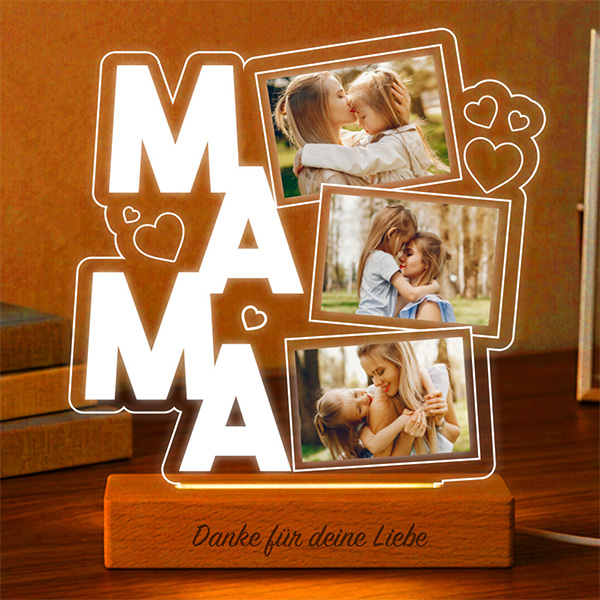Lampe für Mama mit Herzen und Drei personalisierten Fotos