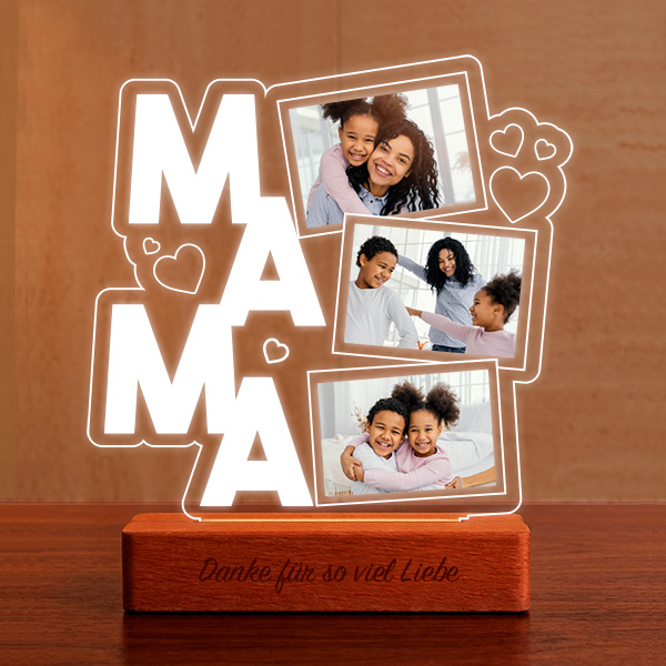 Lampe für Mama mit Herzen und Drei personalisierten Fotos
