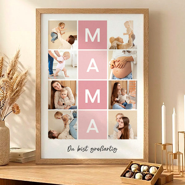 Poster für Mama mit rosa Rahmen und personalisierten Fotos
