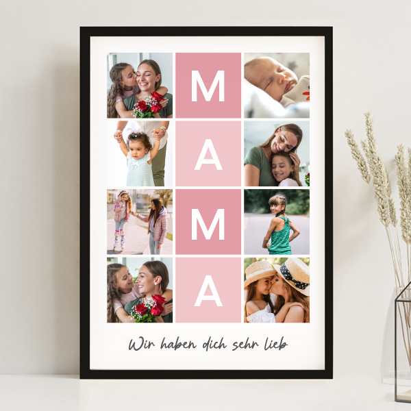 Poster für Mama mit rosa Rahmen und personalisierten Fotos