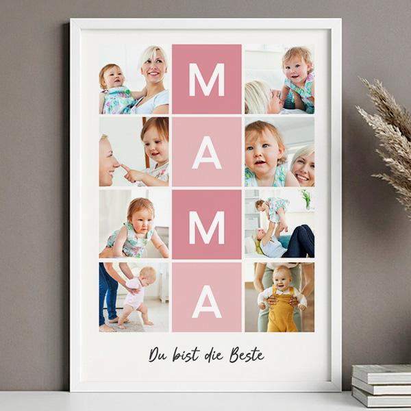 Poster für Mama mit rosa Rahmen und personalisierten Fotos