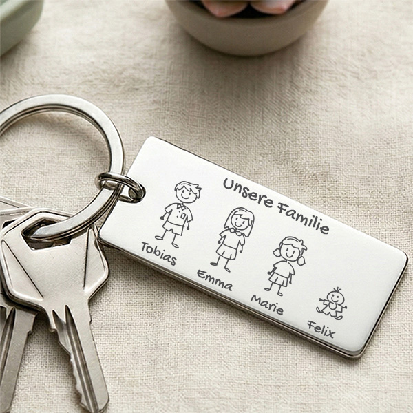 Schlüsselanhänger aus Stahl im Familiendesign mit personalisierten Figuren