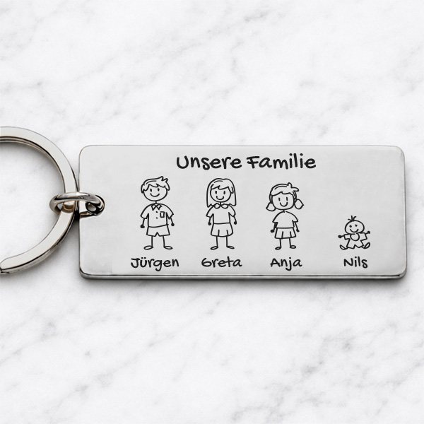 Schlüsselanhänger aus Stahl im Familiendesign mit personalisierten Figuren