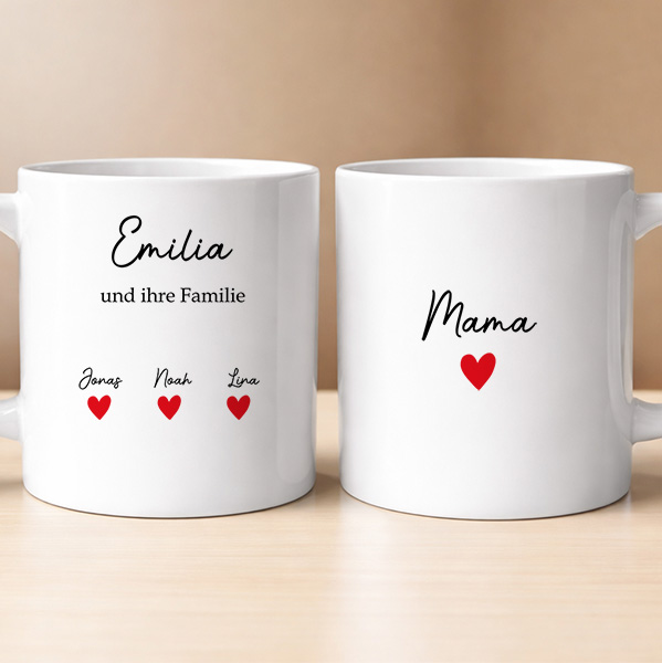 Tasse mit Text, Herzen und personalisierten Namen