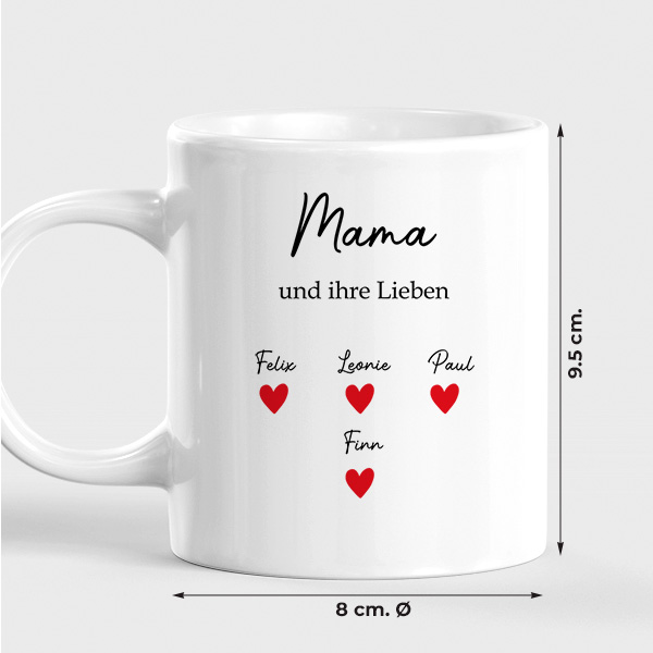 Tasse mit Text, Herzen und personalisierten Namen